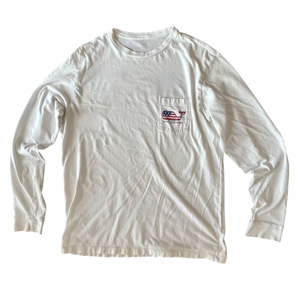 Vineyard Vines Long Sleeve Tee American Flag Whale Graphic USA Size Medium Prep